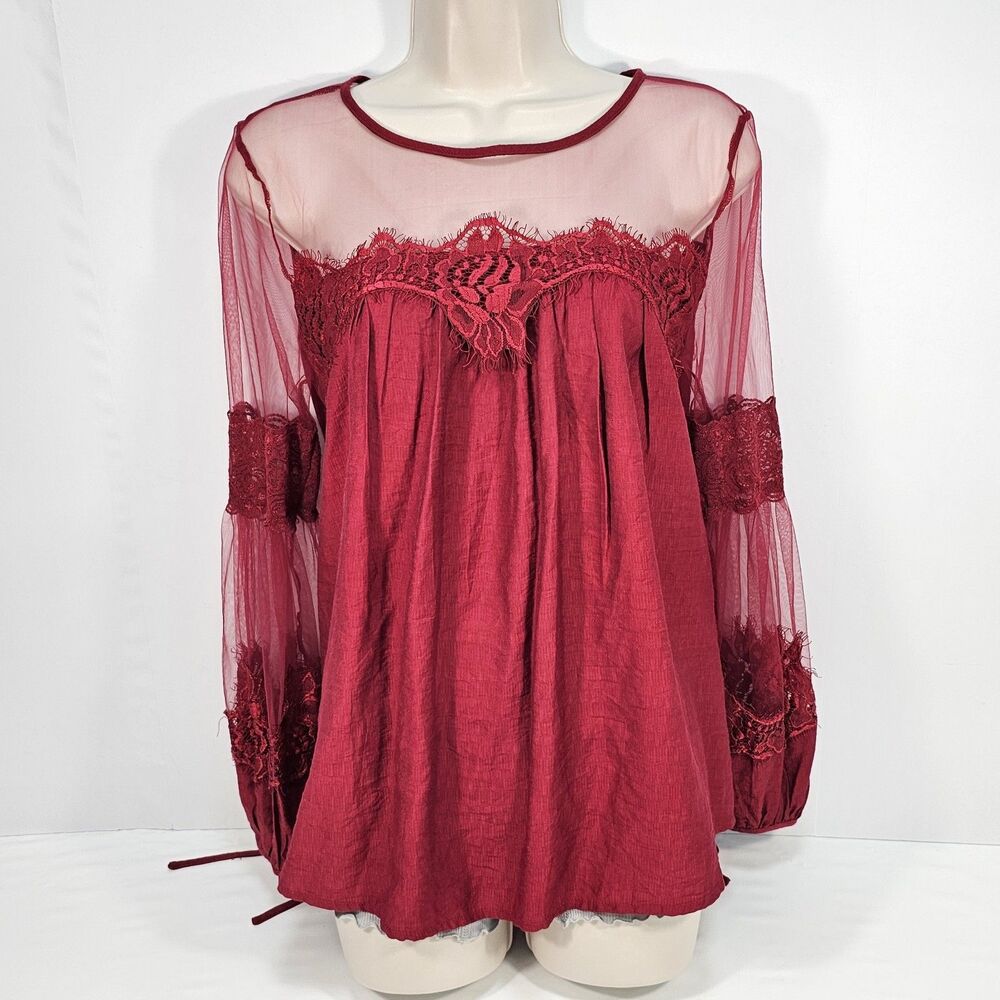 Romantic Sheer Mesh Lace Sleeve Wine Red Tunic Blouse Size Small